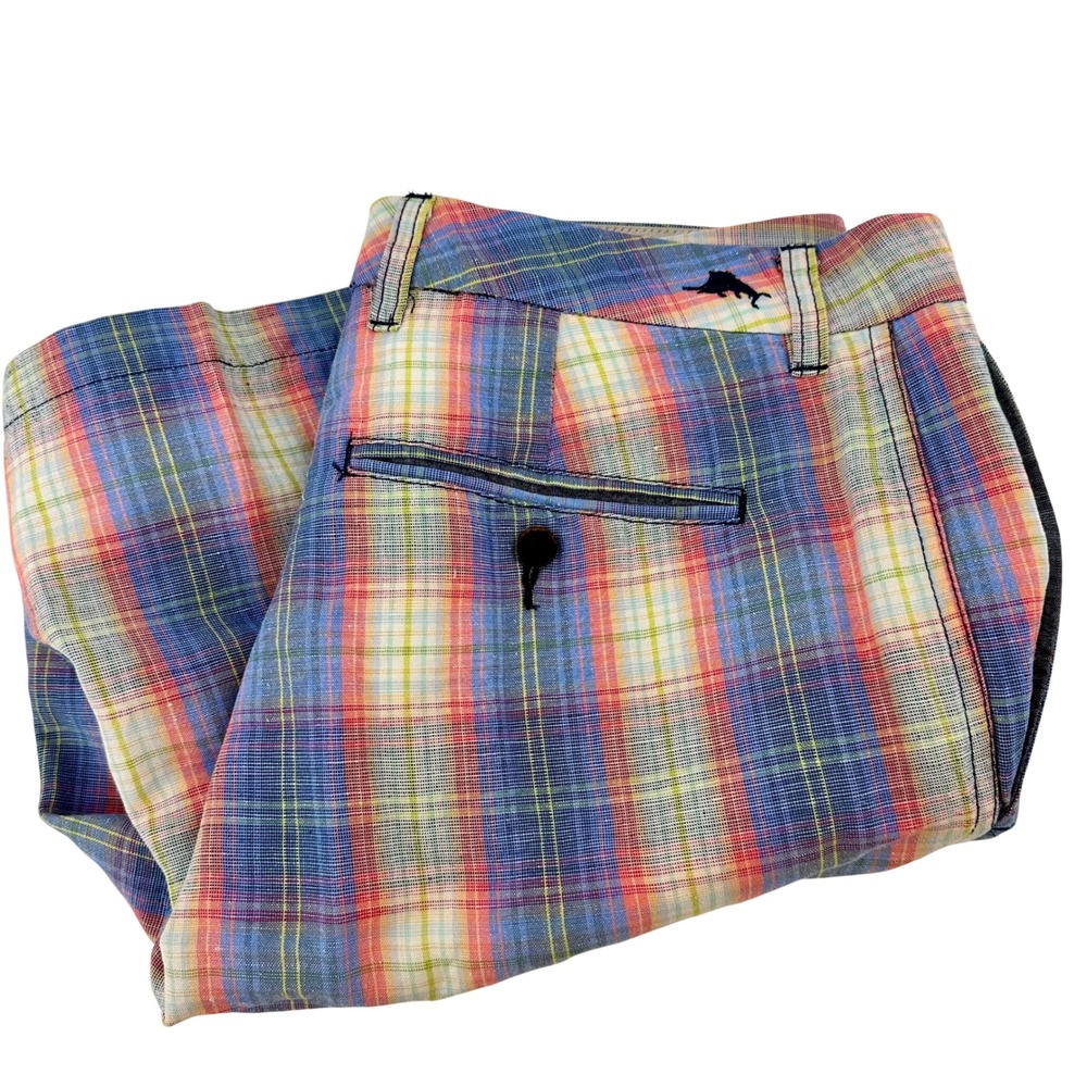 Tommy Bahama Mens‎ Plaid Linen Tencel Shorts Size 34 Blue Orange Multi Color